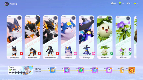 Aniimo — the in-game Aniilog roster shows creature cards and form data.