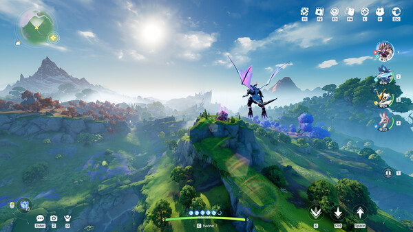 Aniimo — an in-game aerial exploration scene with a companion and the world map.