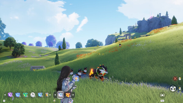 Aniimo — an in-game capture scene in a bright grassy field.
